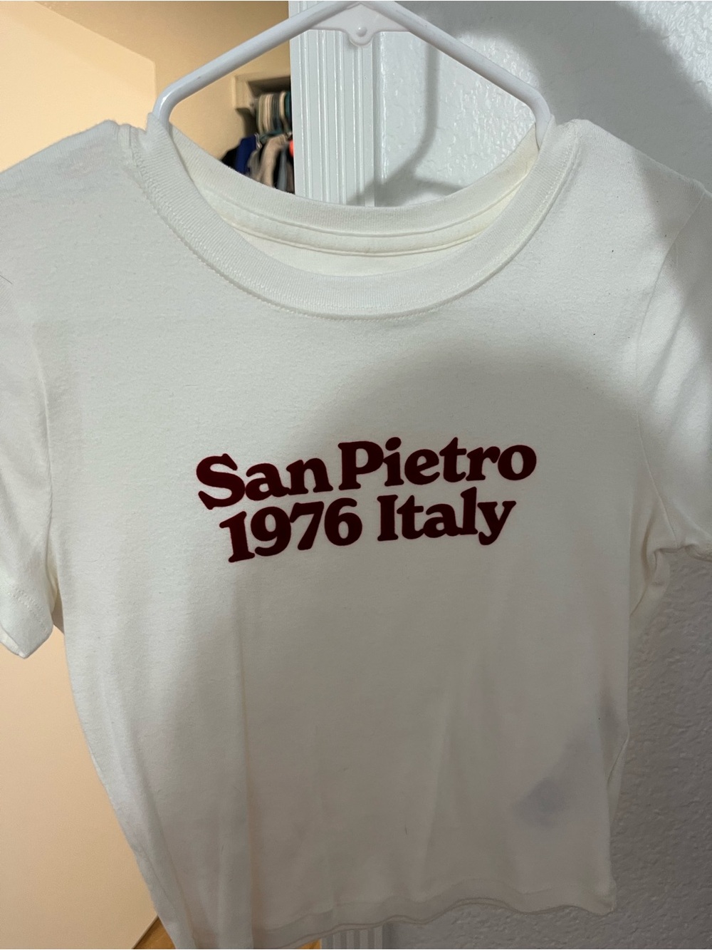 Hollister Cream Tee with Burgundy "San Pietro 1976 Italy" Print
